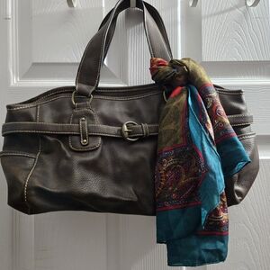 Brown Leather Tote with Colorful Scarf
